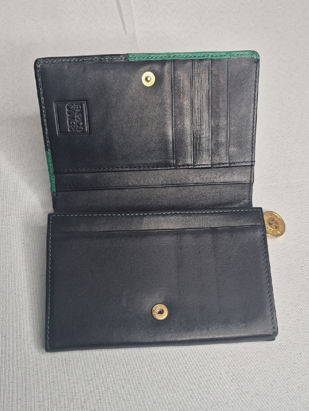ENRICO COVERI Green & Black Colorblock Leather Wallet Made In Italy - Picture 7 of 16